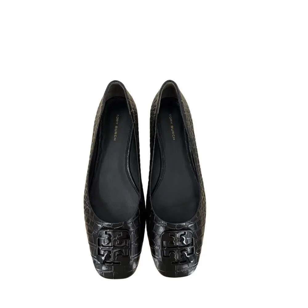 Tory Burch Georgia Ballet Flats 8M Black Croc Embossed Leather Logo Square Toe